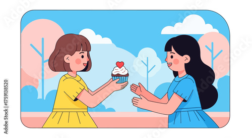 Two cartoon girls sharing a cupcake with a heart, symbolizing friendship and kindness outdoors in a park setting.