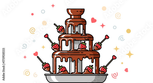 Cartoon illustration of a multi-tiered chocolate fountain with strawberries on skewers being dipped.