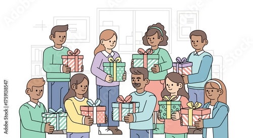 Group of diverse people holding wrapped gifts, celebrating a special occasion together.