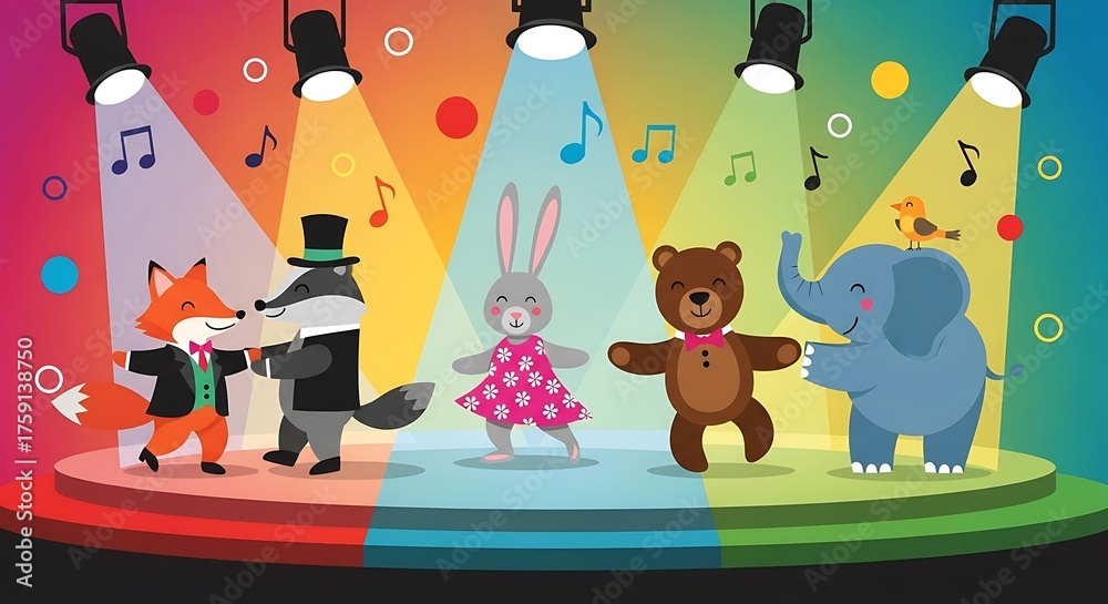 Obraz premium Cute Animals Performing on Stage with Spotlights and Music Notes.