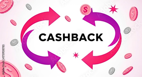 Colorful Cashback Concept with Pink and Purple Arrows and Floating Coins on White Background