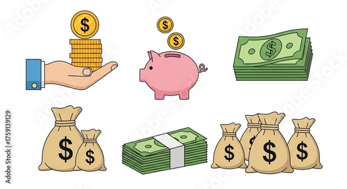 Hand Holding Gold Coins Pink Piggy Bank and Stacks of Green Money Illustrations