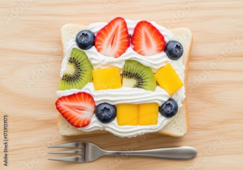 Colorful fruit cream toast with strawberries, kiwi, mango and blueberries on wooden background