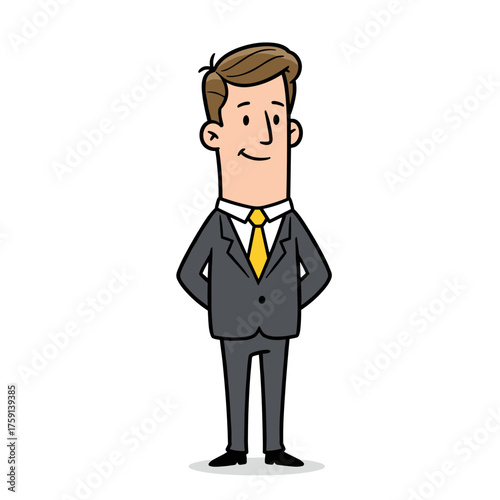 A cartoon illustration of a businessman in a gray suit and yellow tie, standing politely with his hands clasped behind his back.