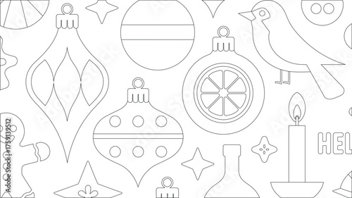 Line Art Festive Pattern Christmas Ornaments, Bird, Gingerbread Man, Stars, and Lit Candle Design
