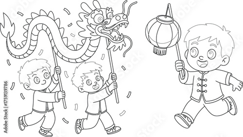 Outlined Chinese New Year Boys with Dragon, Lanterns, Confetti, Celebrating in Black and White