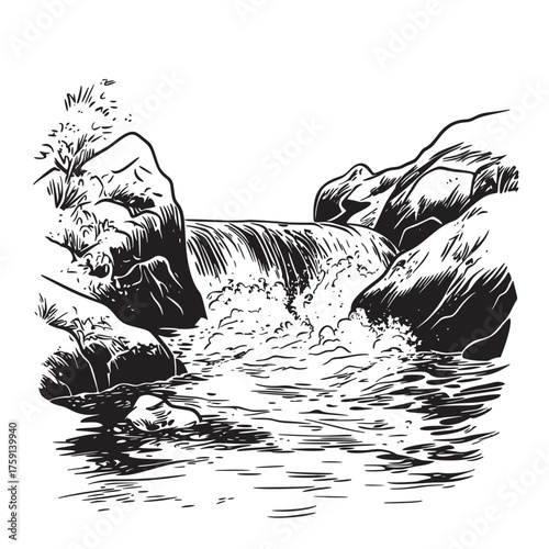 hand drawn outline line art illustration of river rapids crashing over rocks