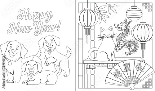 Chinese New Year Coloring Page with Dragons, Lanterns, Fan, Cat and Dogs for Kids