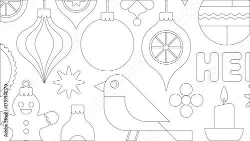 Christmas Coloring Page Featuring Ornaments, Gingerbread Man, Candle, Bird, Star, and the Word HEI