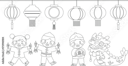 Chinese New Year Line Art Lanterns, Traditional Clothing, Kids and a Dragon Illustration