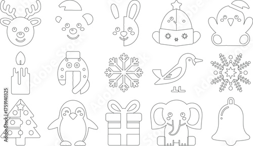 Collection of Christmas and Winter Themed Outline Drawings Featuring Animals, Symbols and Holiday Images