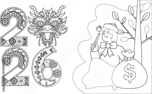 Coloring Page 2026 with Dragon, Fortune Man with Money Sack and Tree, Black and White