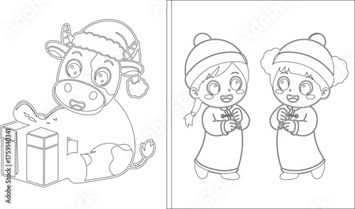 Coloring Page Cartoon Cow with Gift and Chinese Children Celebrating Lunar New Year, Outlines