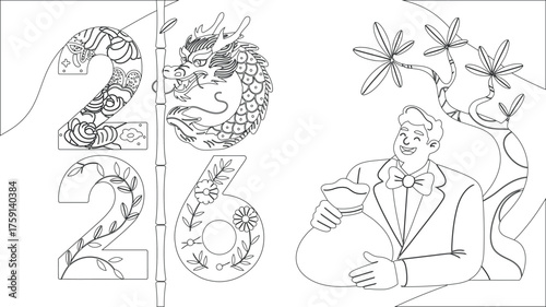 Coloring Page 2026 Year of the Dragon with Wealthy Man and Bonsai Tree