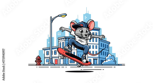 mouse skateboarding in city street a cool rodent doing a skateboard trick in urban scenery ideal for youth marketing and street art designs.