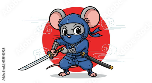 Ninja mouse brandishing a katana against a rising sun embodying agility and stealth ideal for martial arts themed graphics and cartoons.