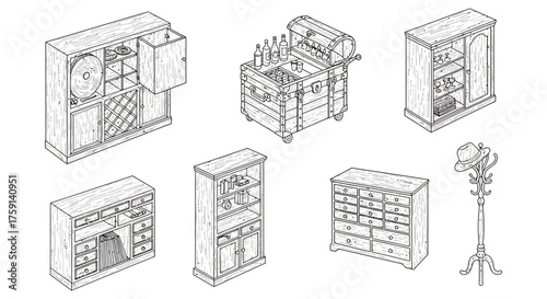 furniture arrangement assortment of vintage wooden furniture pieces in isometric view illustrating interior design and classic style ideal for home decor concepts