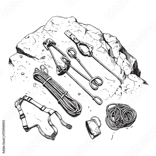 outline vector illustration of climbing gear laid out on a rock