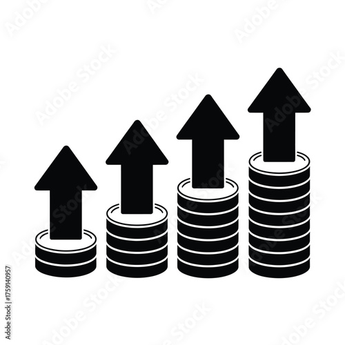 Growing stack of coins with upward arrows representing financial growth
