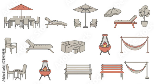 outdoor furniture set showcasing lounge chairs dining table and fire pit in a backyard setting ideal for illustrating outdoor living and relaxation.