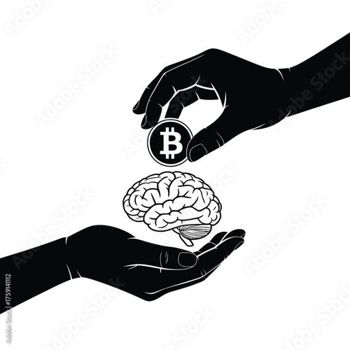 Hand offering bitcoin to a brain in another hand