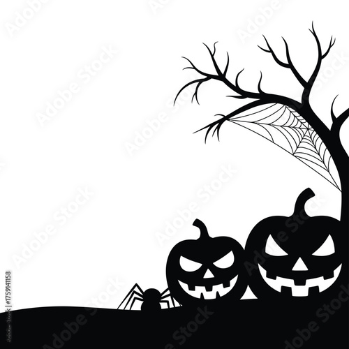 Spooky halloween scene with carved pumpkins and a spider silhouette