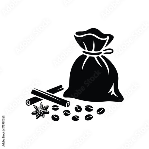 Black silhouette of a drawstring bag with coffee beans and spices