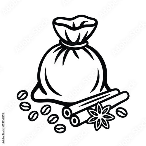 Bag of coffee beans with cinnamon sticks and star anise