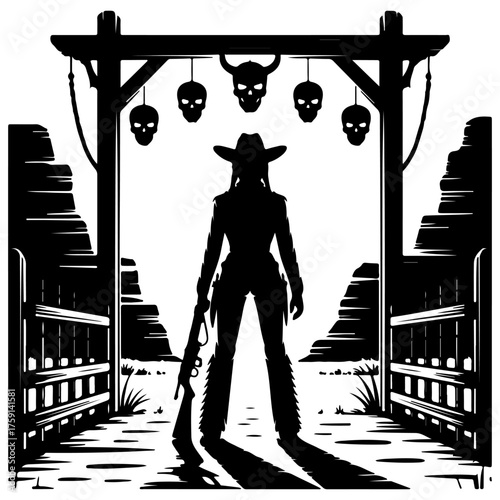 Silhouette of a Cowgirl with a Rifle Standing Under an Archway with Skulls