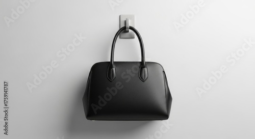 Elegant black handbag hanging on wall hook still life