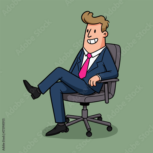 A cartoon illustration of a smiling businessman in a blue suit and bright pink tie sitting confidently in an office chair with his legs crossed.