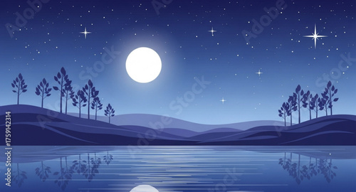 night landscape with moon and lake