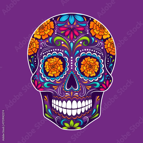 Vibrant Sugar Skull Illustration with Marigold Flowers for Day of the Dead Celebration on Purple Background