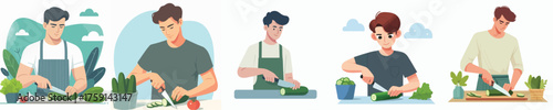 Young Man Cooking and Cutting Vegetables Illustration Set for Healthy Lifestyle