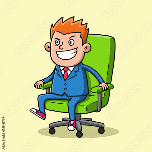 A cartoon illustration of an overly enthusiastic man with spiky red hair, wearing a blue suit and pink sneakers, sitting and grinning widely in a bright green office chair.