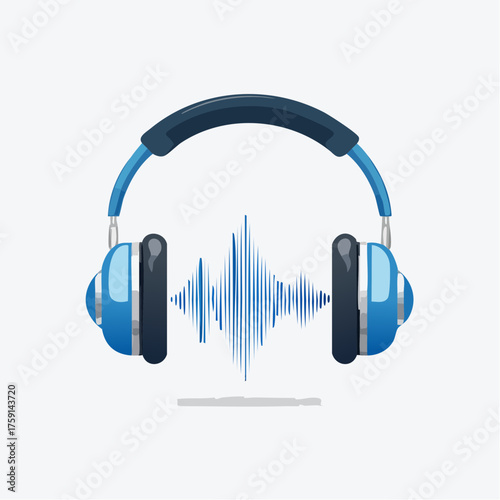 Blue headphones with sound wave visualization convey audio technology concept