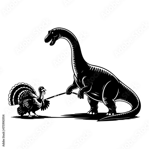 Whimsical Monochrome Illustration Depicting a Gigantic Dinosaur Walking a Small Domestic Turkey on a Leash, Blending Ancient and Contemporary Eras with Humorous Anachronism