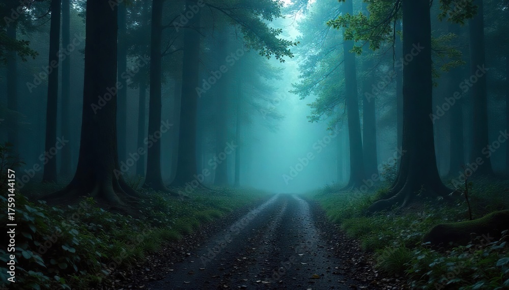 Fototapeta premium Mysterious Forest Path Eerie Mist, Disappearing Trail, Dark Woods, Supernatural Atmosphere, Ideal for Fantasy, Horror, and Mystery Projects