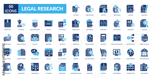 Legal Research Fill Icon Set. Regulation Search, Document Review, Court Records, Legal Analysis, Statute Book, Case Notes, Case Study
