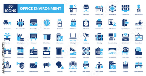 Office Environment Fill Icon Set. Office Desk, Office Chair, Laptop Desk, Meeting Room, Conference Call, Water Dispenser, Coffee Break