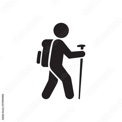 Hiker Icon Black Silhouette of a Person Hiking with Backpack and Walking Stick