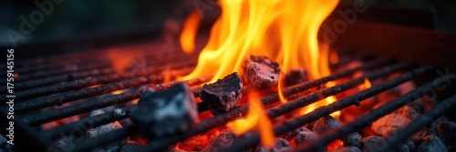 Intense Grill Flames Close-up of Hot Coals and Blazing Fire on a Charcoal Grill, Perfect for Safety or Cooking Imagery