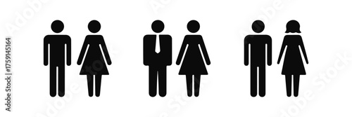 Multiple black male and female restroom or gender icons in a row