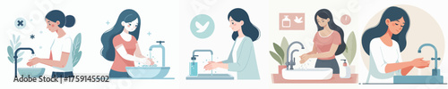 Woman Washing Hands Vector Set – Female Characters Practicing Hand Hygiene with Soap and Water, Clean Hands Illustration, Personal Hygiene and Health Care Concept
