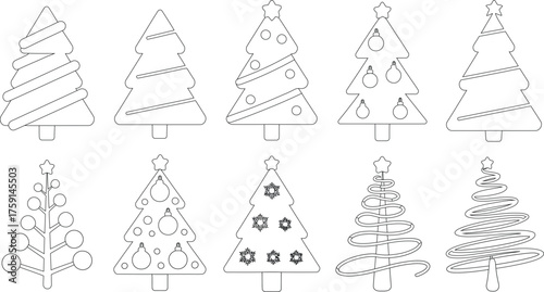 Outlined Christmas Trees Collection StarTopped, Ornamented, And Ribboned Designs for Coloring Books
