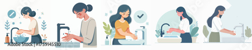 Women Washing Hands at Sink Hygiene, Clean Hands, Healthcare and Sanitation Illustration