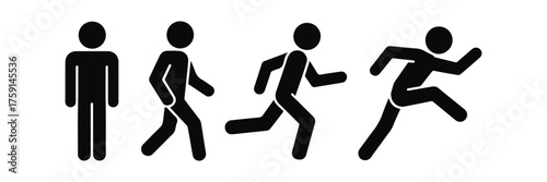 Stick Figures Illustrating Progression from Standing, Walking, Running, to Sprinting, Black Icons
