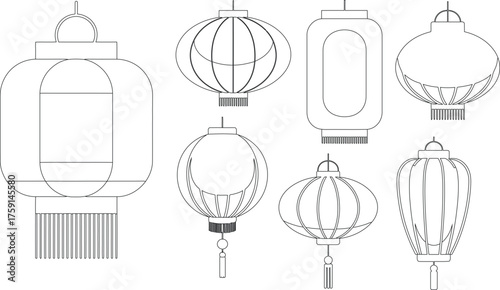 Outlined Illustration of Seven Different Shapes and Styles of Chinese and Japanese Lanterns