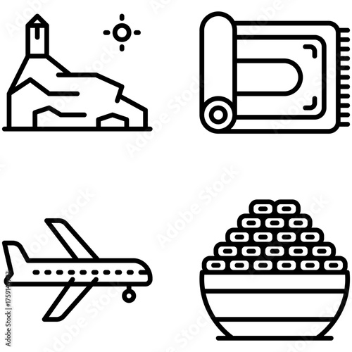 Travel And Food Icon Set: Mountain Scene, Plane, Map Scroll, And Sushi Bowl