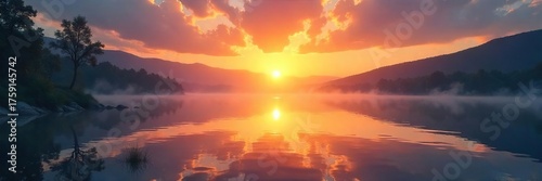 Serene Sunrise over Tranquil Lake Peaceful Dawn Reflecting Spiritual Awakening